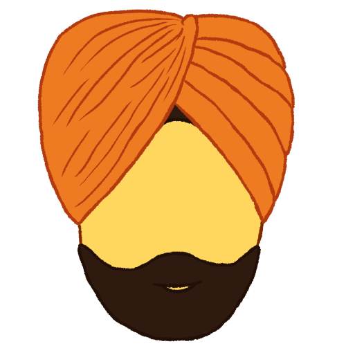  a person with a black beard wearing an orange turban.